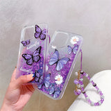 Butterfly Purple Quicksand Case With Lanyard for iPhone
