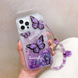 Butterfly Purple Quicksand Case With Lanyard for iPhone