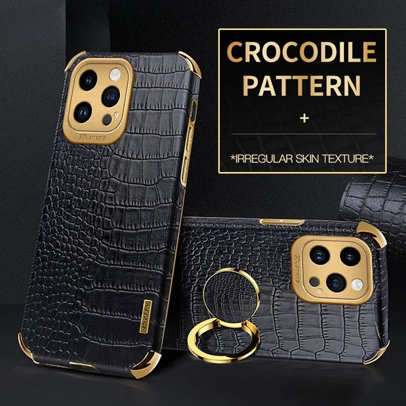 Crocodile Leather Magnetic Ring Holder Case For iPhone