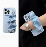 Solid-Color Silk Scarf Wrist Strap with Lanyard Case for iPhone