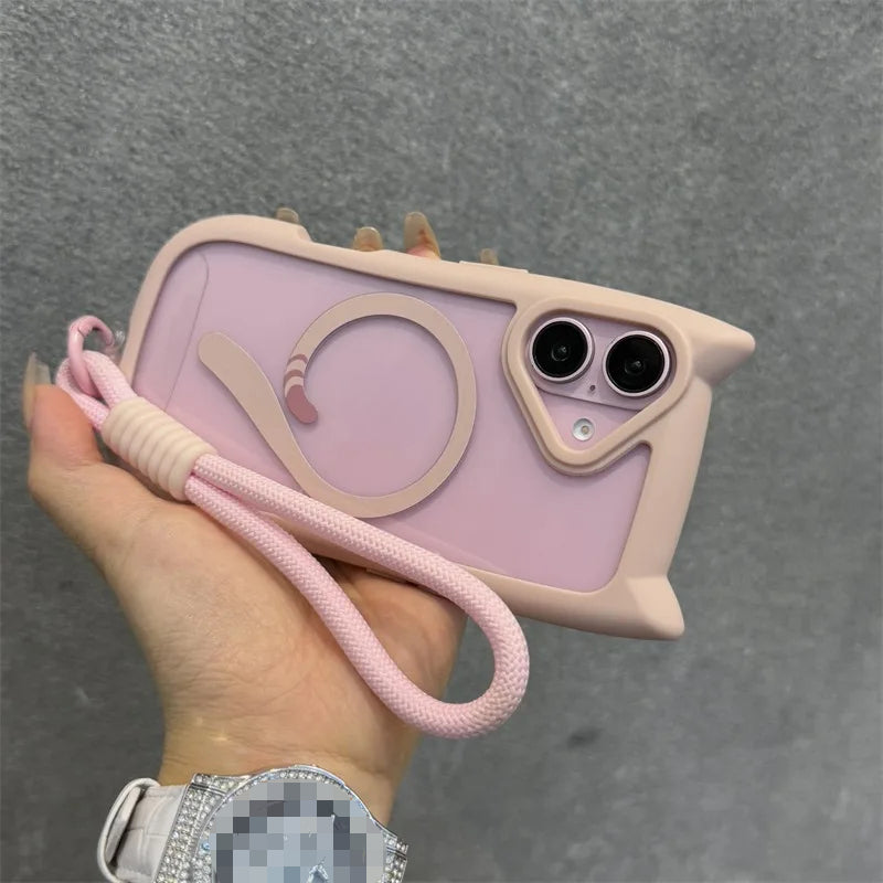 Cute Cat Ear With Wrist Strap Magnetic Case for iPhone