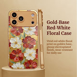 Gold‑Base Red‑White Floral Pattern Electroplated Case for iPhone