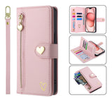 Luxury Heart-Shaped Zipper Flap Wallet Phone Case for iPhone
