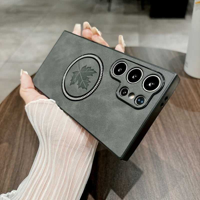 Luxury Sheepskin Maple Leaf Magnetic Phone Case for Samsung