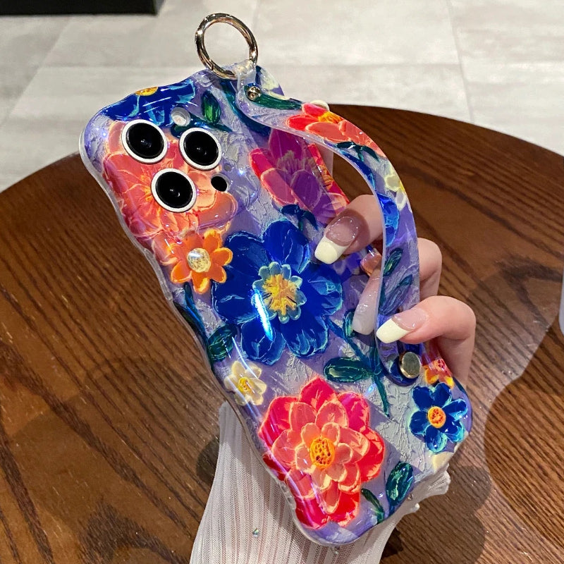 Luxury Flowers Wrist Strap Phone Case For iPhone