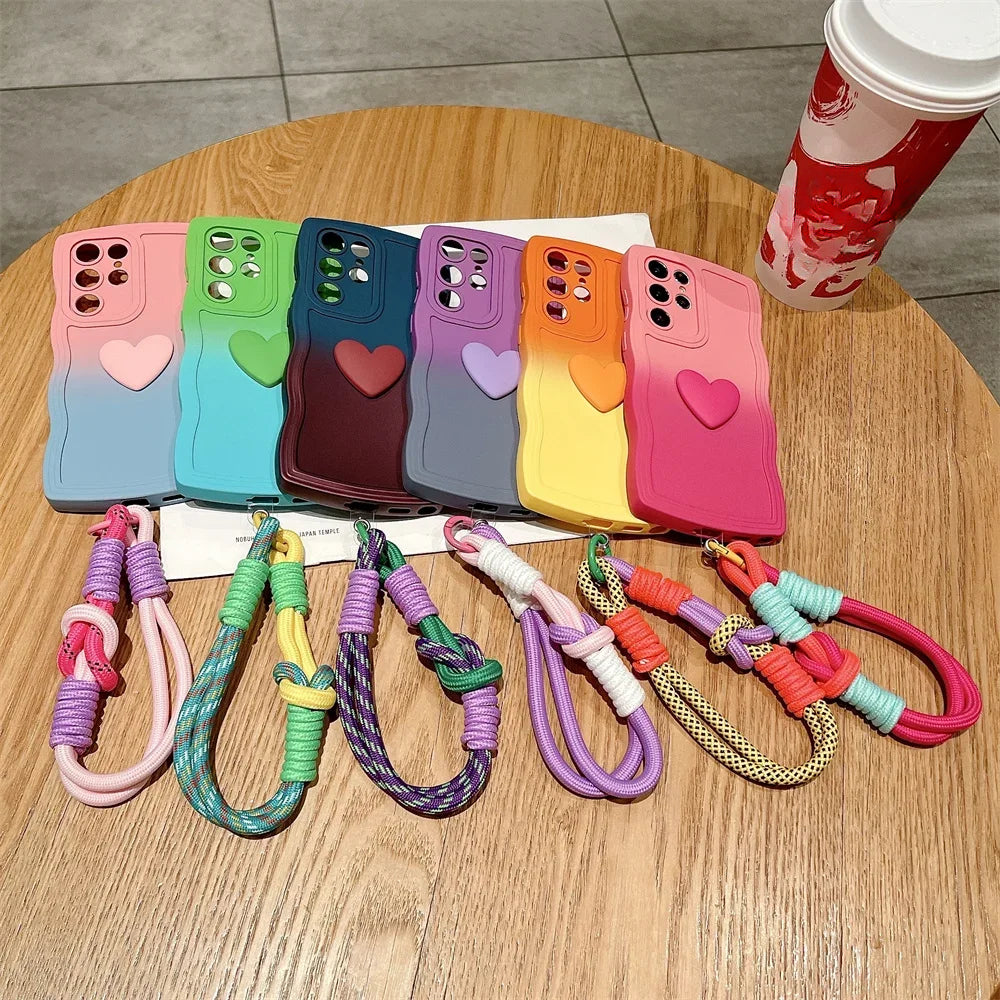 Fashion Gradient Heart Wave Lanyard Case For Samsung