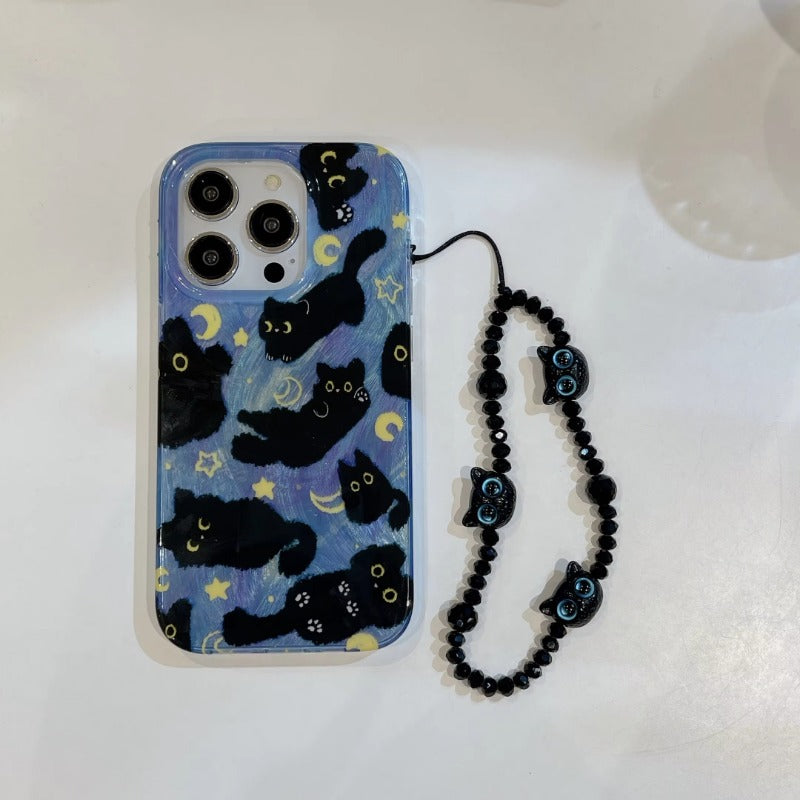 Cute Black Cats Double Layers Wrist Chain Phone Case for iPhone