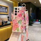 Rhinestone Oil Painting Flower Phone Case with Wristband for Samsung