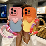 3D Cute Love Heart Gradient Curly Wave Phone Case with Wrist Strap Lanyard For iPhone