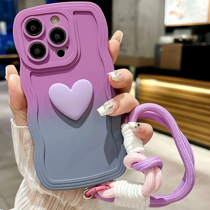 3D Cute Love Heart Gradient With Strap Case For iPhone