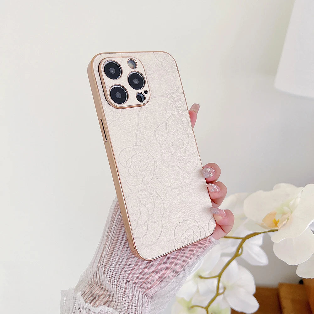 Luxury 3D cute camellia flowersl leather Case for iPhone