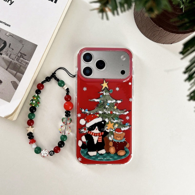 Christmas Tree and Black Cat Lanyard Phone Case for IPhone