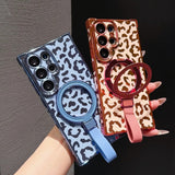 Leopard Print Bracket Plating Magnetic Charging Case for Samsung