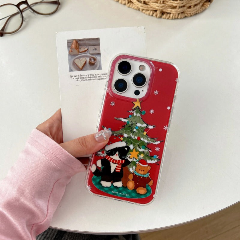 Christmas Tree and Black Cat Lanyard Phone Case for IPhone