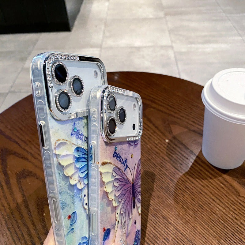 Oil Painting Flower Butterfly Rhinestone Anti-Drop Phone Case for IPhone