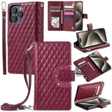 Glitter Plaid Leather Case with Card Slots and Lanyard for iPhone