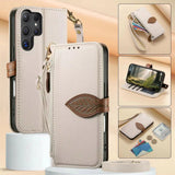 Leaf-Designed Leather Card Slot Lanyard Flip Case for Samsung