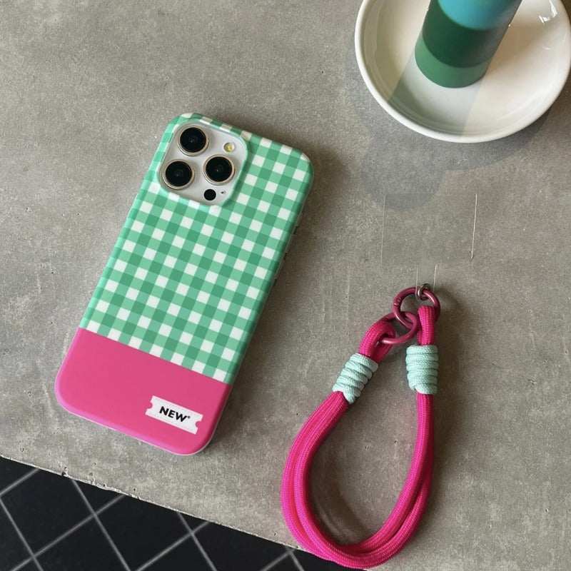Color Plaid Splicing With Lanyard Phone Case for iPhone