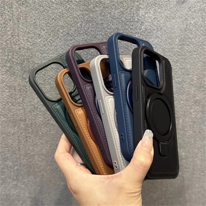 Luxury Business Leather Ring Stand Magnetic Case For iPhone