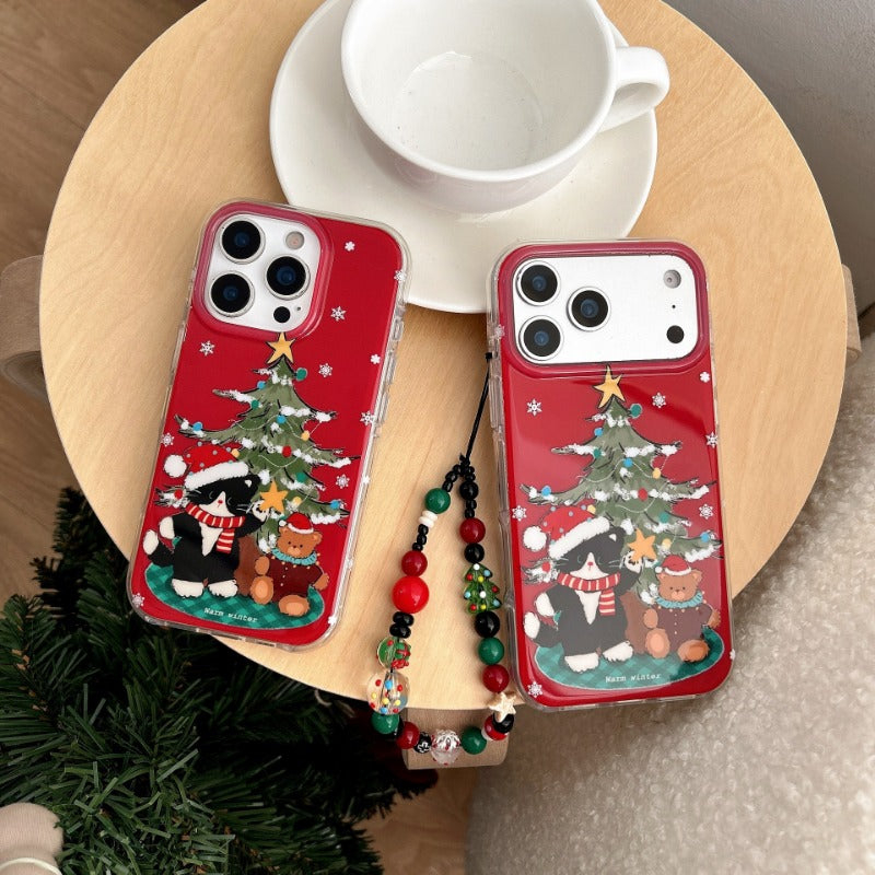 Christmas Tree and Black Cat Lanyard Phone Case for IPhone