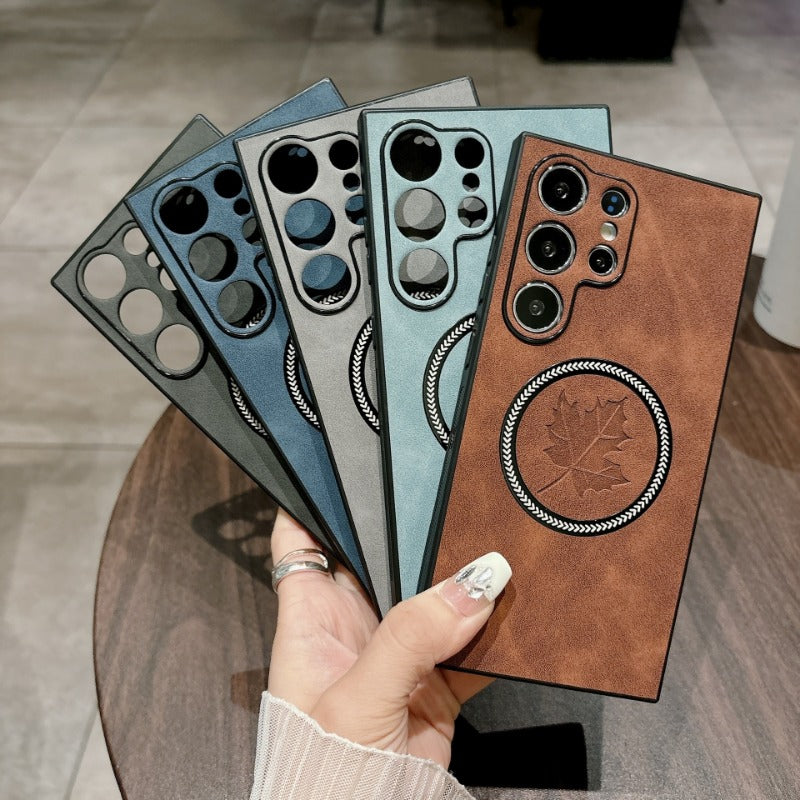 Luxury Sheepskin Maple Leaf Magnetic Phone Case for Samsung
