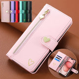 Luxury Heart-Shaped Zipper Flap Wallet Phone Case for iPhone