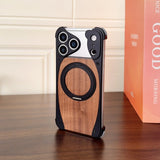 Walnut Wood Frameless Magnetic Case with Metal Rotating Stand for iPhone