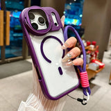 Fold Glass Lens Stand Magnetic Wrist Strap Clear Case for iPhone