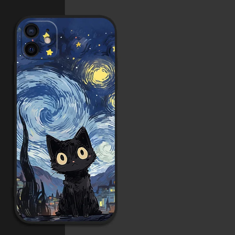 Artistic Black Cat Starry Night Phone Case For iPhone