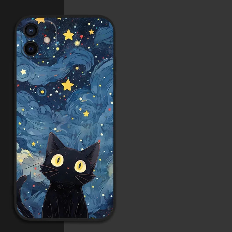 Artistic Black Cat Starry Night Phone Case For iPhone