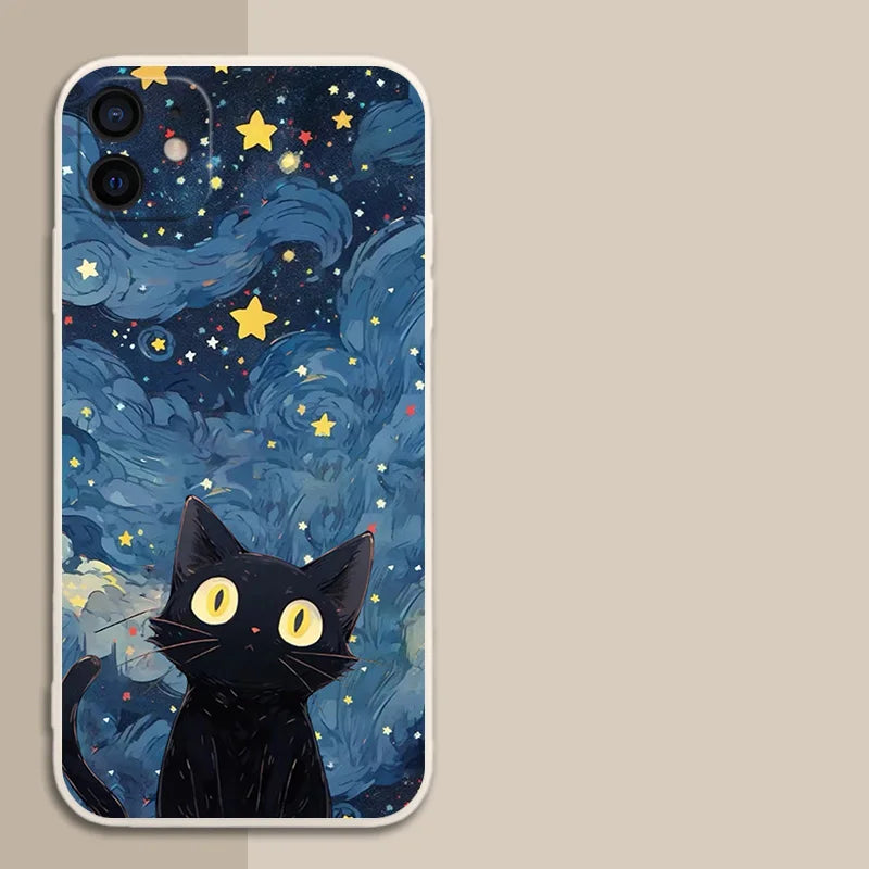 Artistic Black Cat Starry Night Phone Case For iPhone