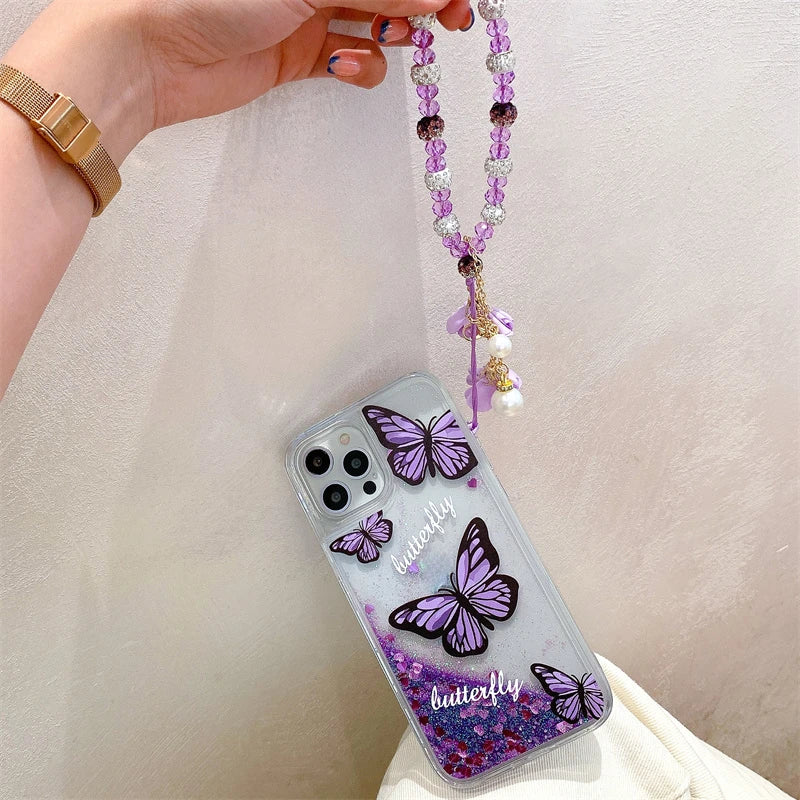 Butterfly Purple Quicksand Case With Lanyard for iPhone