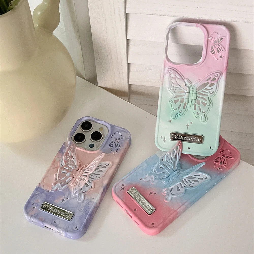 Colorful Gradient 3D Hollow Butterfly Bracket Case For iPhone