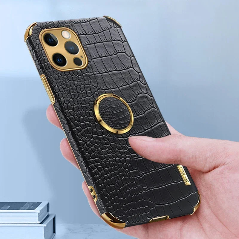 Crocodile Leather Magnetic Ring Holder Case For iPhone