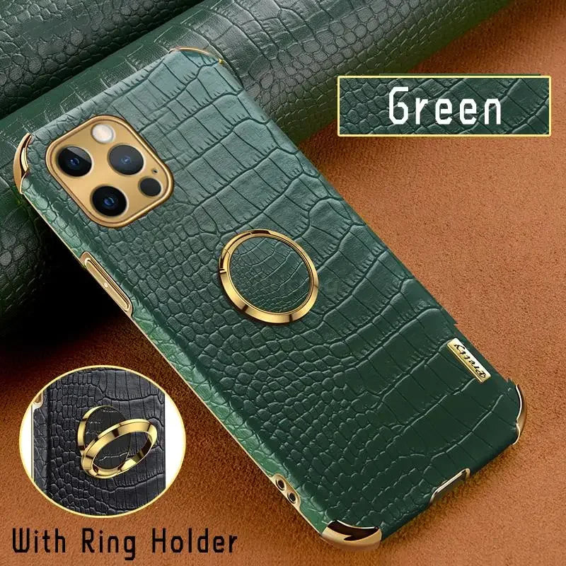 Crocodile Leather Magnetic Ring Holder Case For iPhone