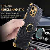 Crocodile Leather Magnetic Ring Holder Case For iPhone