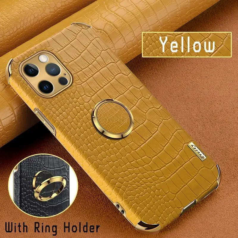 Crocodile Leather Magnetic Ring Holder Case For iPhone