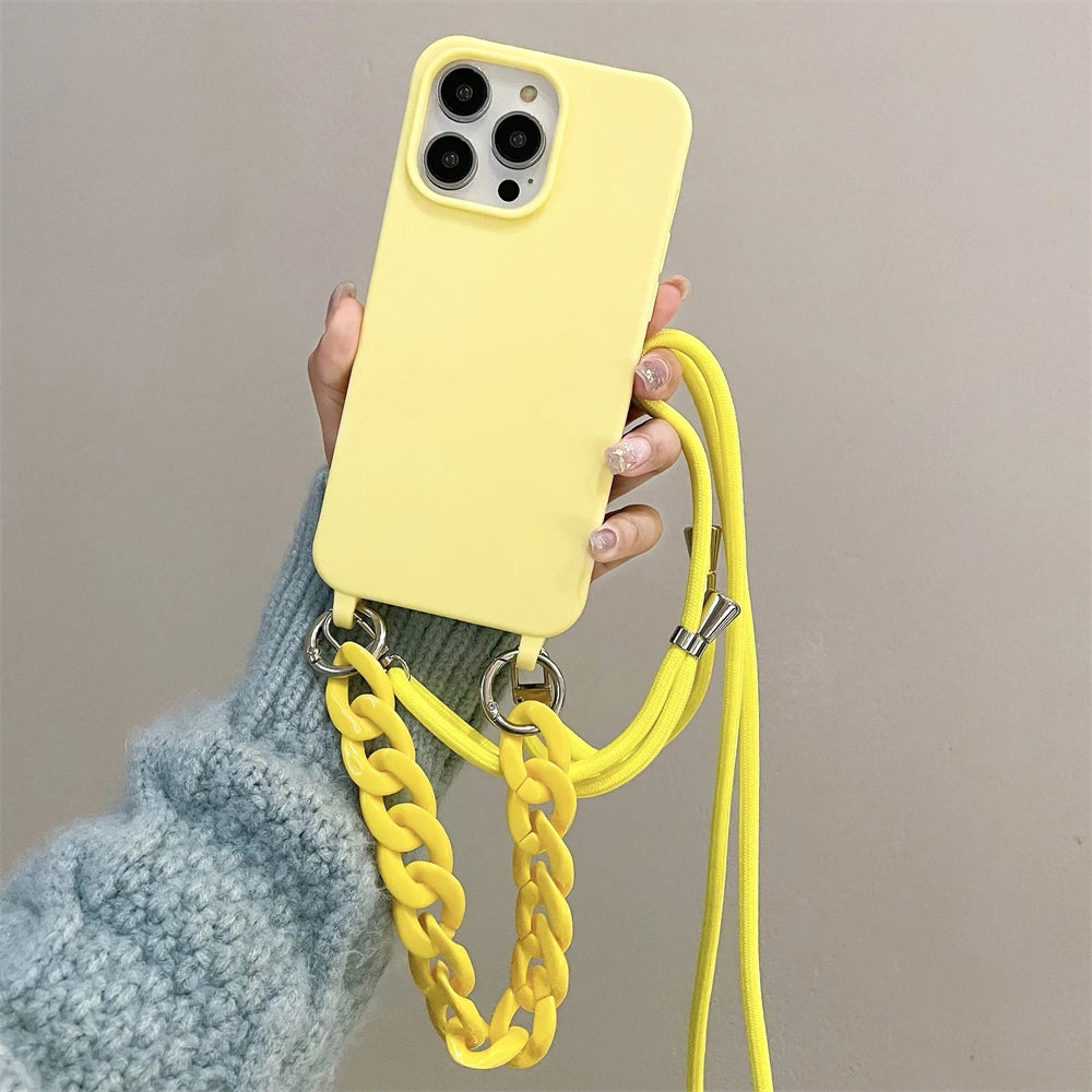 Crossbody Lanyard Luxury Candy Color Chain Matte Silicone Soft Case For iPhone