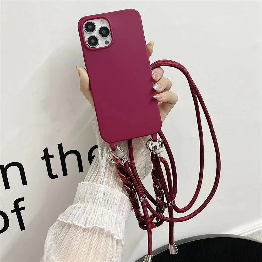 Crossbody Lanyard Luxury Candy Color Chain Matte Silicone Soft Case For iPhone