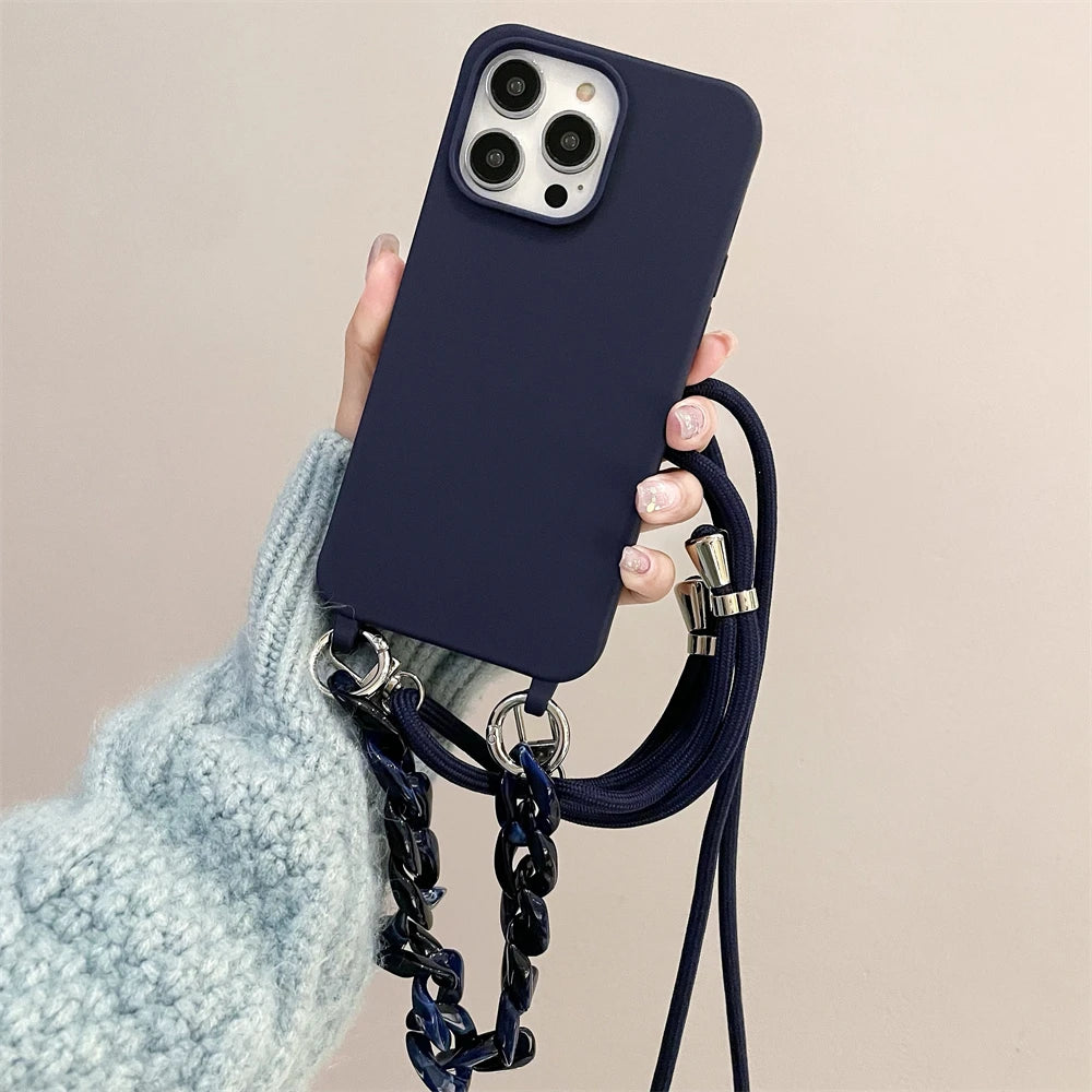 Crossbody Lanyard Luxury Candy Color Chain Matte Silicone Soft Case For iPhone