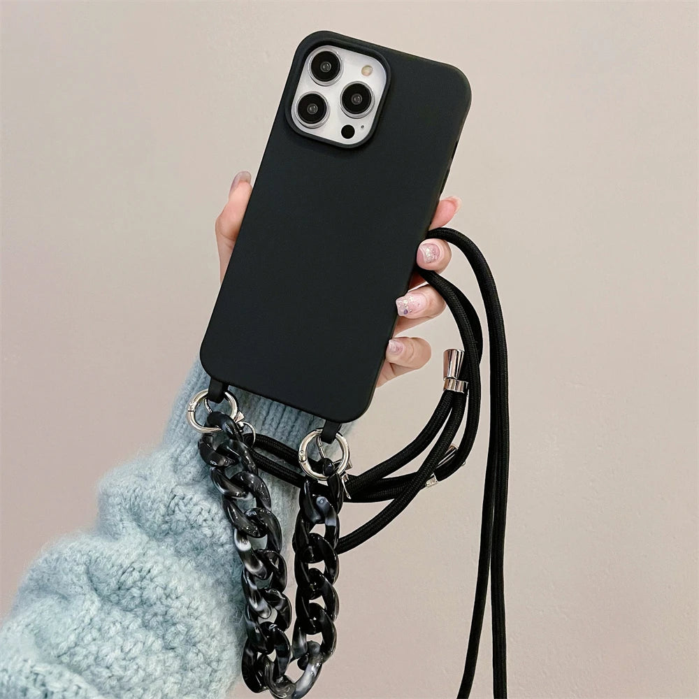 Crossbody Lanyard Luxury Candy Color Chain Matte Silicone Soft Case For iPhone