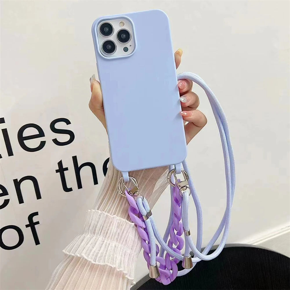 Crossbody Lanyard Luxury Candy Color Chain Matte Silicone Soft Case For iPhone