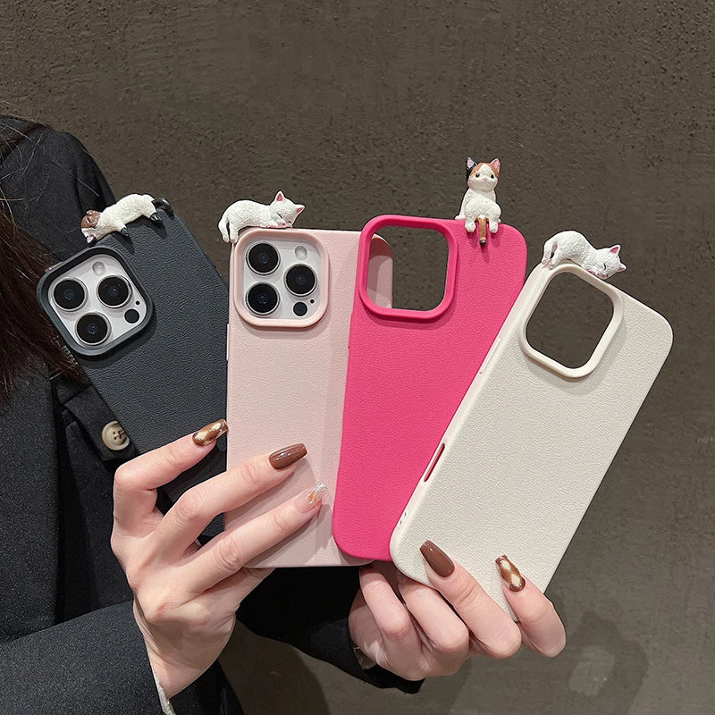 Cute 3D Cartoon Cat Lychee Pattern Leather Case For iPhone