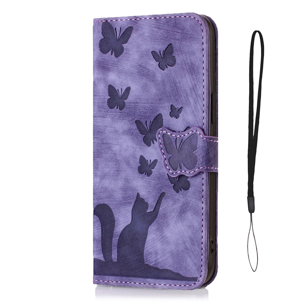 Cute Cat Butterfly  Leather Wallet Case for iPhone