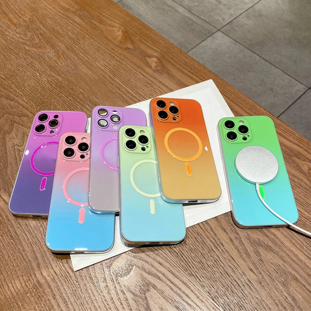 Luminous Fashion Gradient Rainbow Magnetic Wireless Charging Case For iPhone