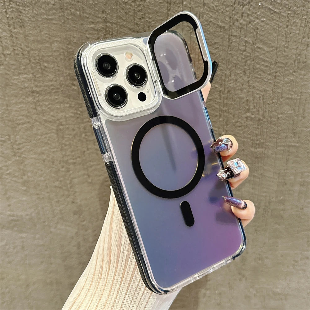 Hybrid Bumper Laser Lens Protection Stand Magnetic Case For iPhone