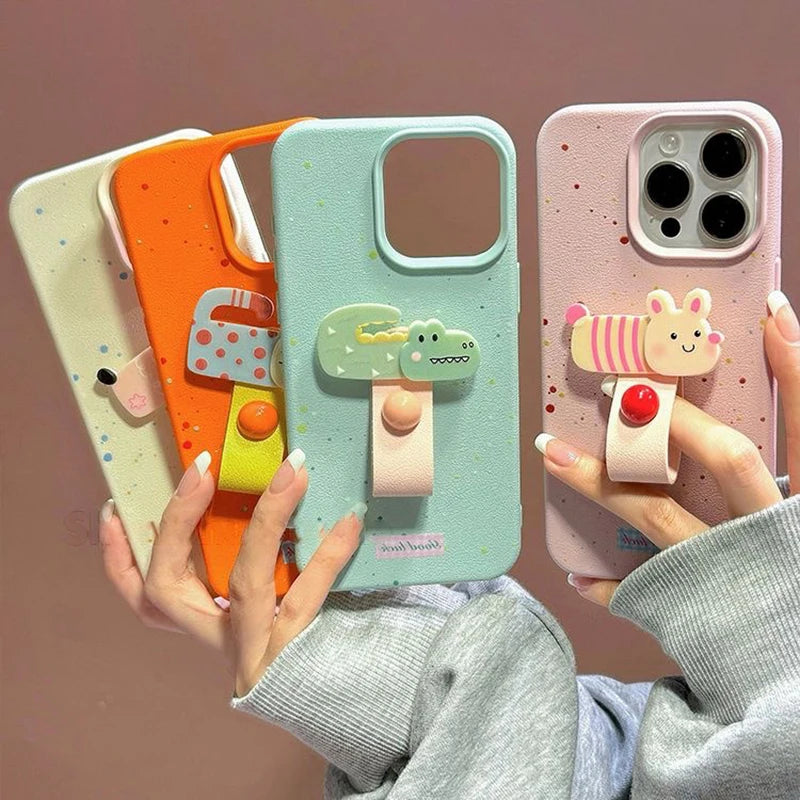 Cute 3D Dog Cat Rabbit Finger Ring Support Phone Case For iPhone