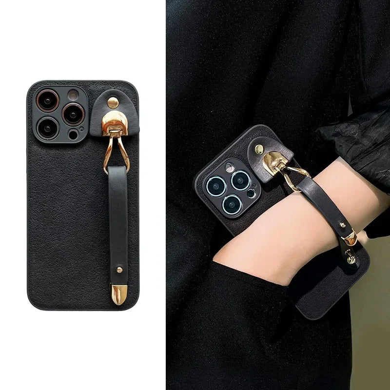 Leather Pattern Wrist Strap Case For iPhone