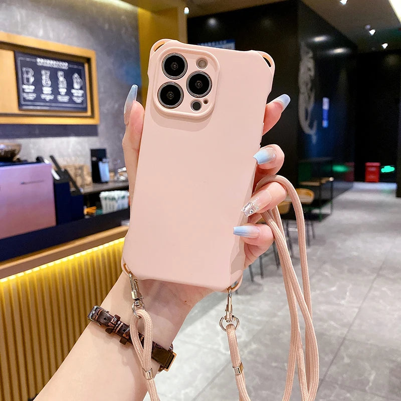 Solid Color Silicone Four Corner Protective Phone Case With Lanyard Strap For iPhone