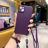 Solid Color Silicone Four Corner Protective Phone Case With Lanyard Strap For iPhone